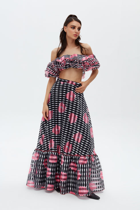 FLORAL PRINT FLOUNCE LONG SKIRT